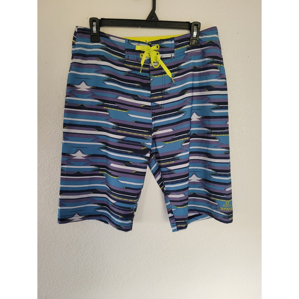 Prana Mens Board Shorts Blue Purple Striped UPF 50+ Swim Trunks Size 32 #1